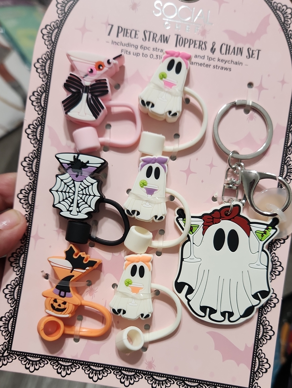 Halloween Ghost Straw Toppers & Keychain Set